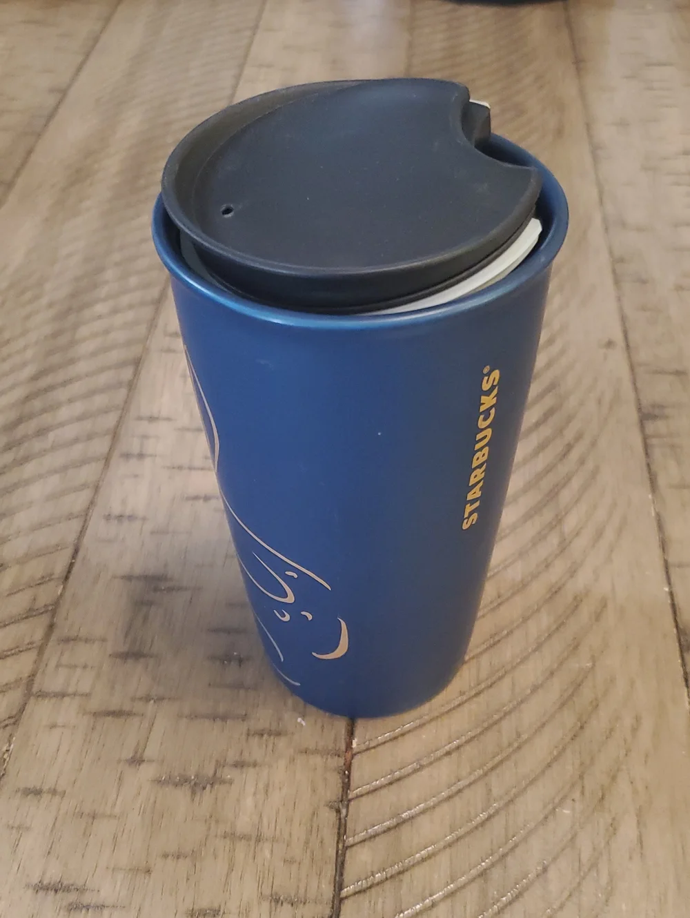 Starbucks Navy Blue Travel Mug with Black Lid and Gold Logo